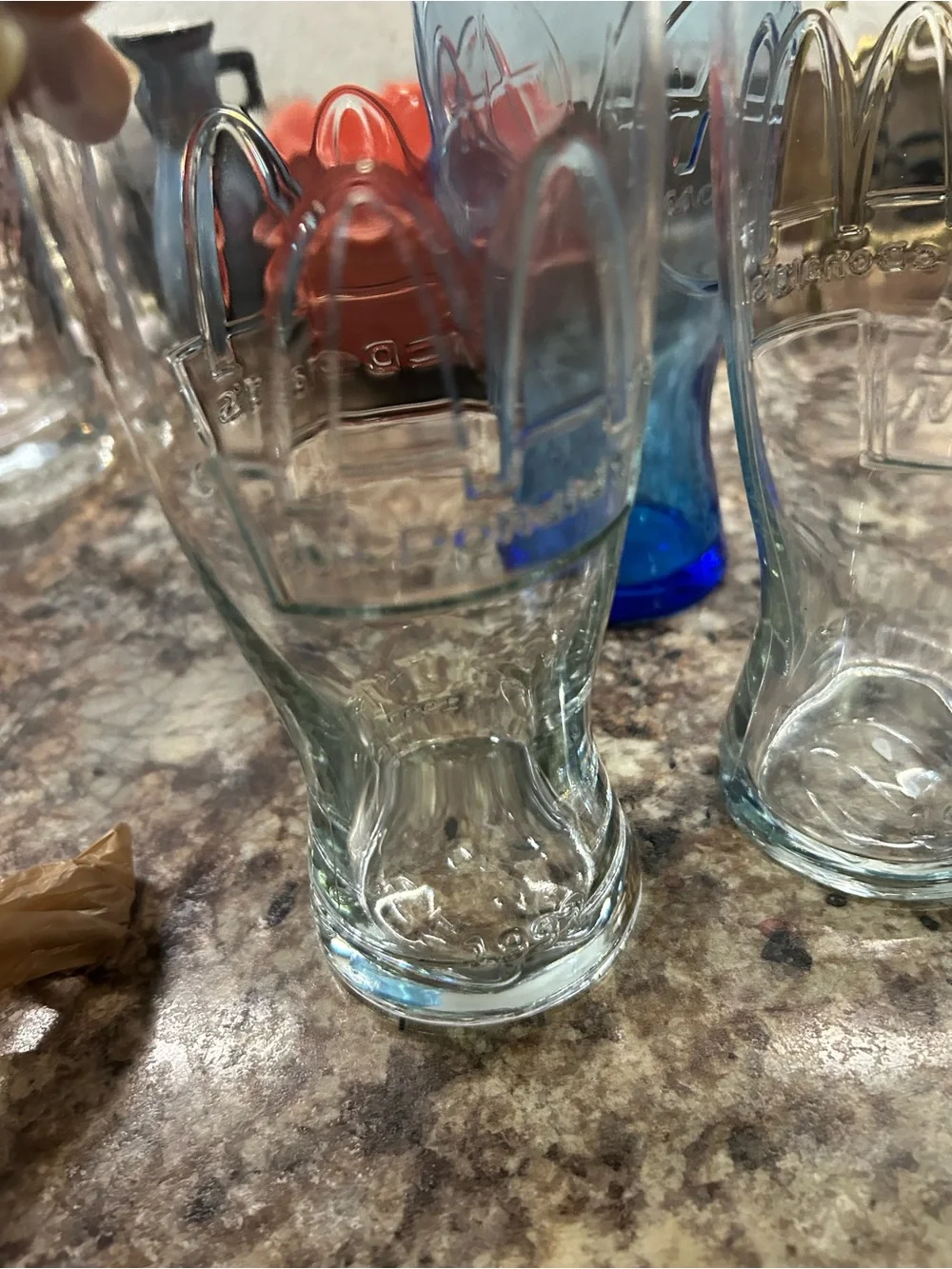 Set of 4 McDonalds Embossed Retro Glass Drinking Tumblers - Clear and Blue